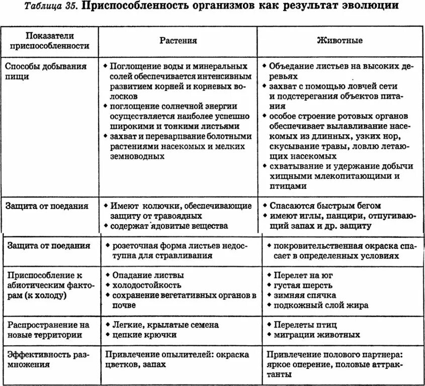 Пример адаптации организмы таблица