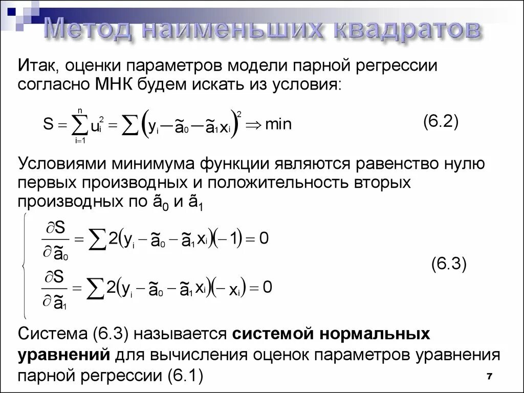 Метод наименьших квадратов. Система нормальных уравнений метода наименьших квадратов. Оценка параметров регрессии методом наименьших квадратов. Уравнение парной регрессии.