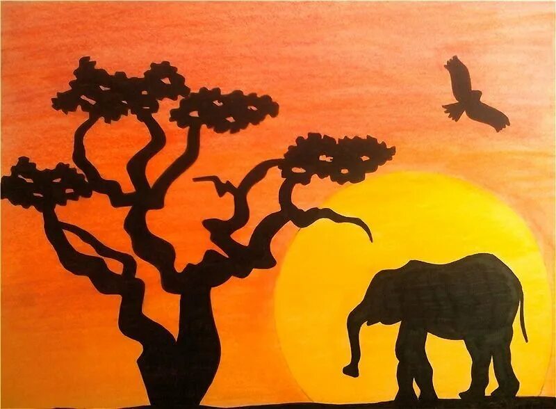 Животные африки старшая группа. Африканский пейзаж рисование. Силуэтное рисование для детей. Рисование для детей Африка. Силуэтная живопись.
