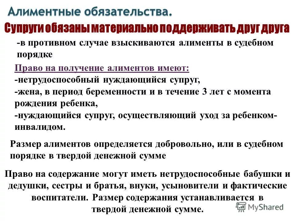 Алименты бывшему супругу в каких случаях. Алиментные обязательства. Алиментные обязанности супругов. Кто имеет право на получение алиментов. Алиментные обязанности супругов и бывших супругов.