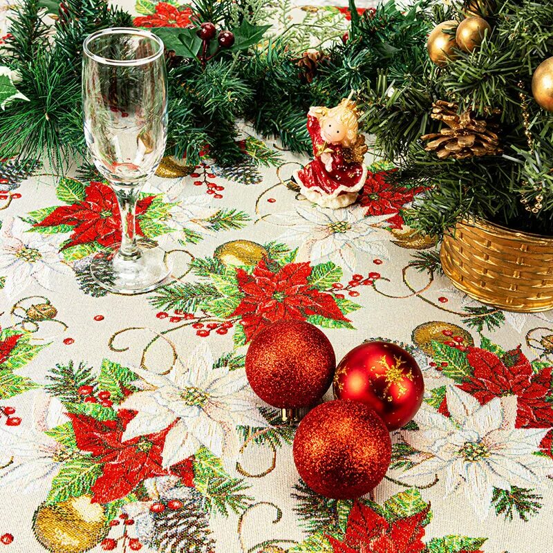 скатерть "новый год" 108х180 см 4309517. красная скатерть на новый год. скатерть с салфетками. чесуча рождество трехгорная мануфактура. скатерть 145х145 снегирь.