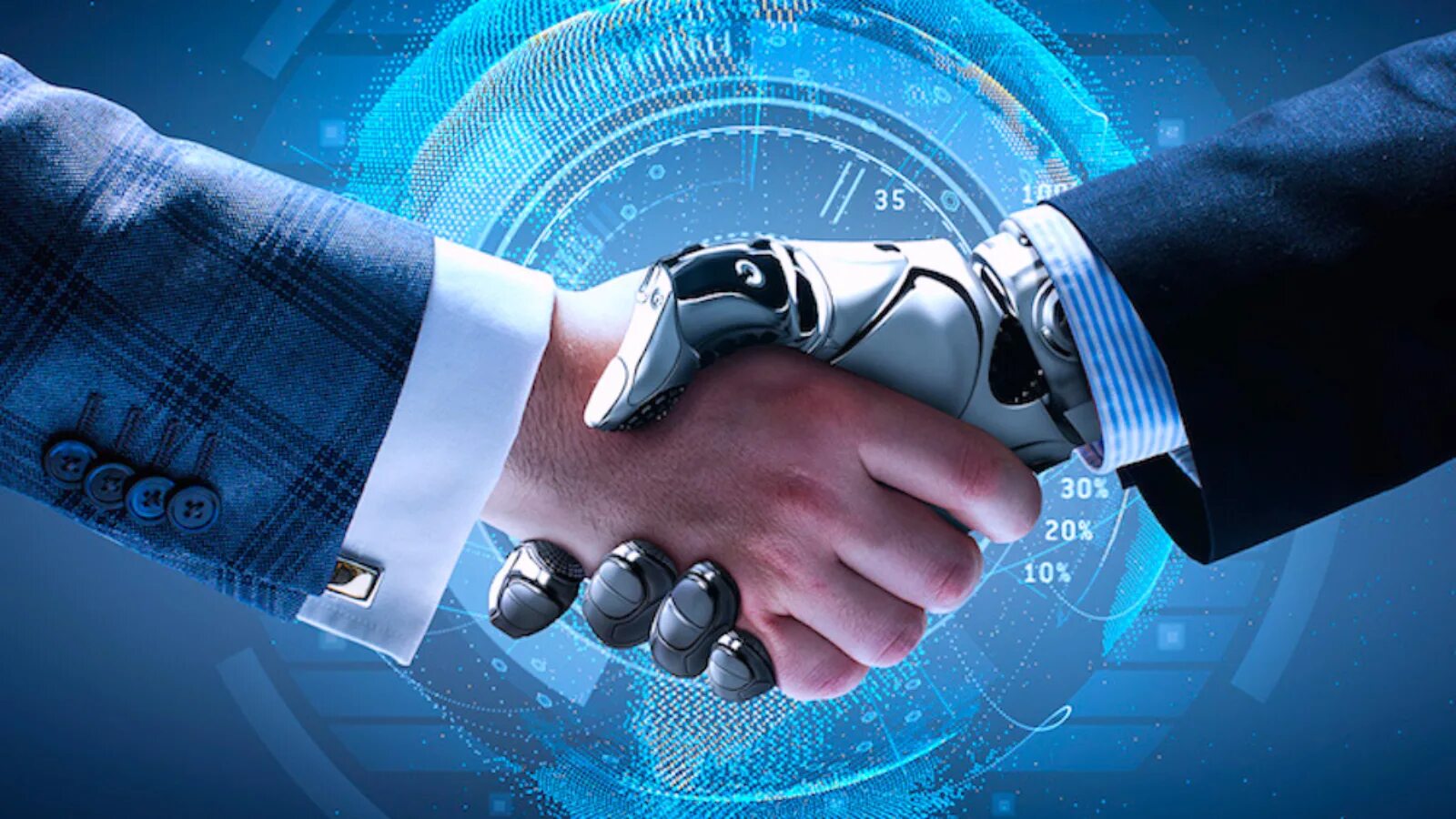 Использование искусственного интеллекта в бизнесе. Рукопожатие робота и человека. Человек и технологии. Искусственный интеллект в бизнесе. It технологии.