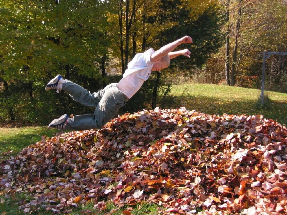 Pile of leaves. Falling. Fall on the ground. Jump into a Leaf pile. Stepped fall