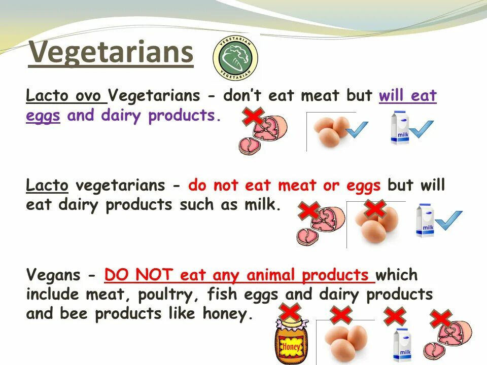 Ovo-Vegetarian [ov] - сертификат. “If Vegetarians eat Vegetables, then what do humanitarians eat?”. My cousins are Vegetarians. They don t eat meat..