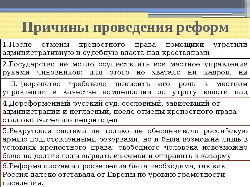 Реформы 19 века кратко. Предпосылки великих реформ 60-х – 70-х гг. XIX В.. Причины проведения реформ. Причины и предпосылки великих реформ. Причины и предпосылки реформ 1860–1870-х гг.