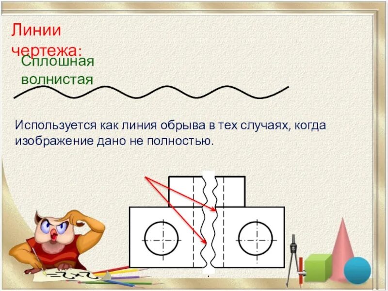 Линии обрыва изображения. Сплошная волнистая линия на чертеже. линии чертежа. волнистая линия в черчении. черчение линия обрыва.
