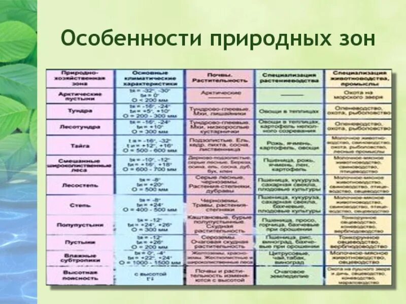 Природные зоны таблица. Особенности природных зон. Особенности природных зон России. Природные зоны и их особенности 6 класс. Главная особенность природной зоны