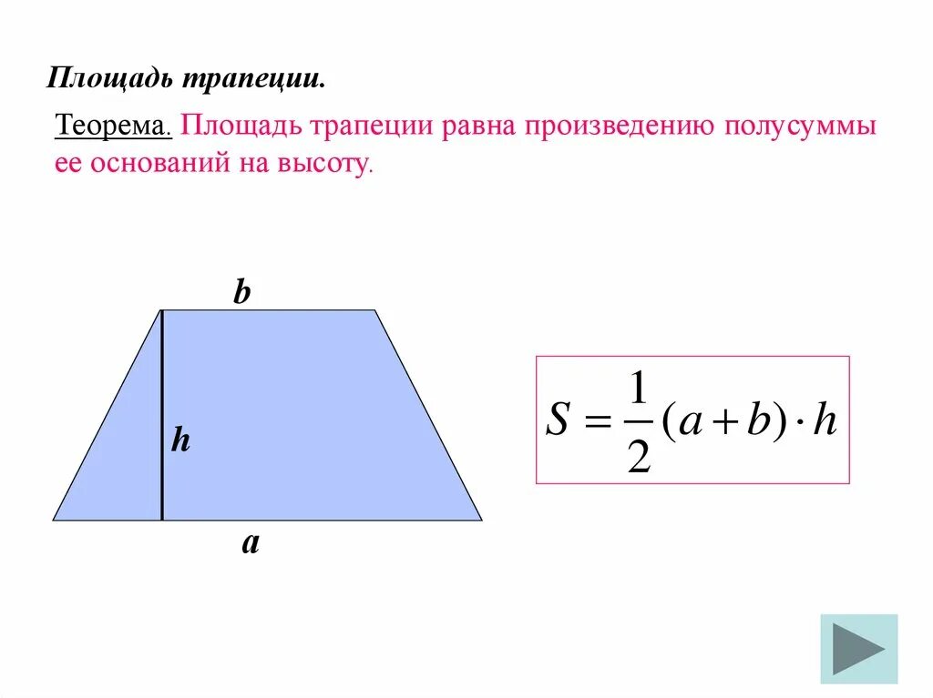 Формула для вычисления площади трапеции. Формула нахождения площади трапеции 8 класс. Формула площади трапеции 8 класс геометрия. Формула нахождения площади трапеции 9 класс.
