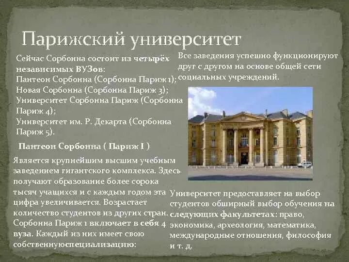 Сообщение о учебном заведении. Университет Сорбонна презентация. Университеты средневековья Парижский университет кратко. Парижский университет 1 Пантеон-Сорбонна философия. Парижский университет 1 Пантеон-Сорбонна преподаватели.