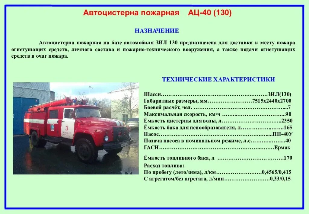 Пожарные автомобили находящиеся на вооружении подразделения. Автоцистерна пожарная 130 ЗИЛ ТТХ. ТТХ пожарного автомобиля ЗИЛ-130 ЗИЛ-131. ТТХ ЗИЛ 130 пожарный. ЗИЛ 130 пожарная цистерна ТТХ.
