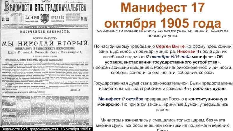 1905 основной государственный закон. Манифест 1905 года Витте. Манифеста 17 октября 1905 г Витте. Манифест 17 октября Витте. Цели манифеста 17 октября 1905.