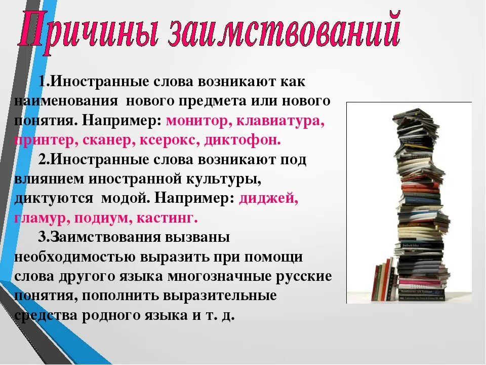 Причины прийти. Иностранные слова в русском языке. Заимствование иностранных слов в русском языке. Современные заимствованные слова. Заимствованные иностранные слова в русском языке.