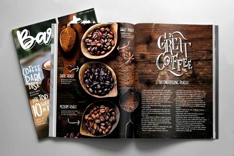 Coffee magazine graphic design cover spread.