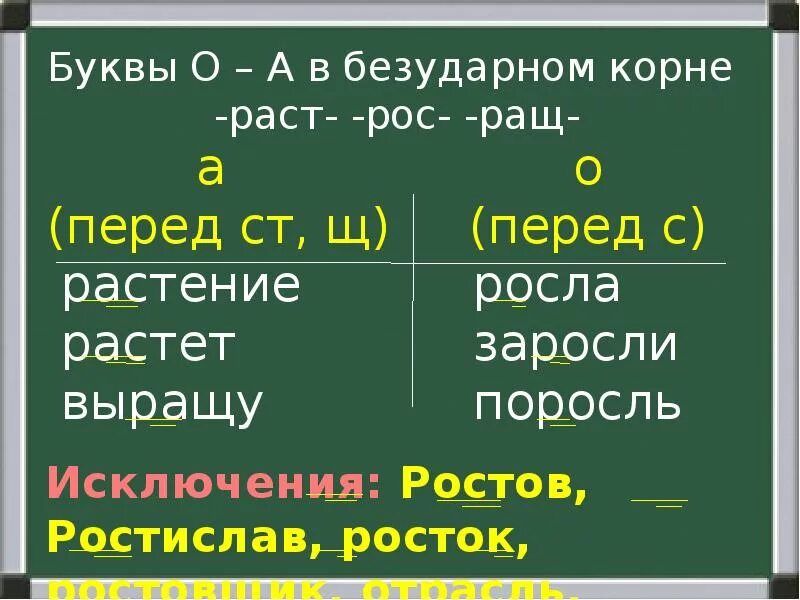 Слова с чередованием в корне раст