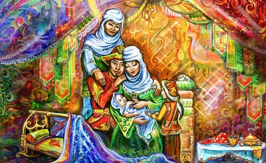 Адамның бір қызығы бала деген. Казахские традиции. Казахские иллюстрации. Фольклор казахского народа. Казахские традиции картина.
