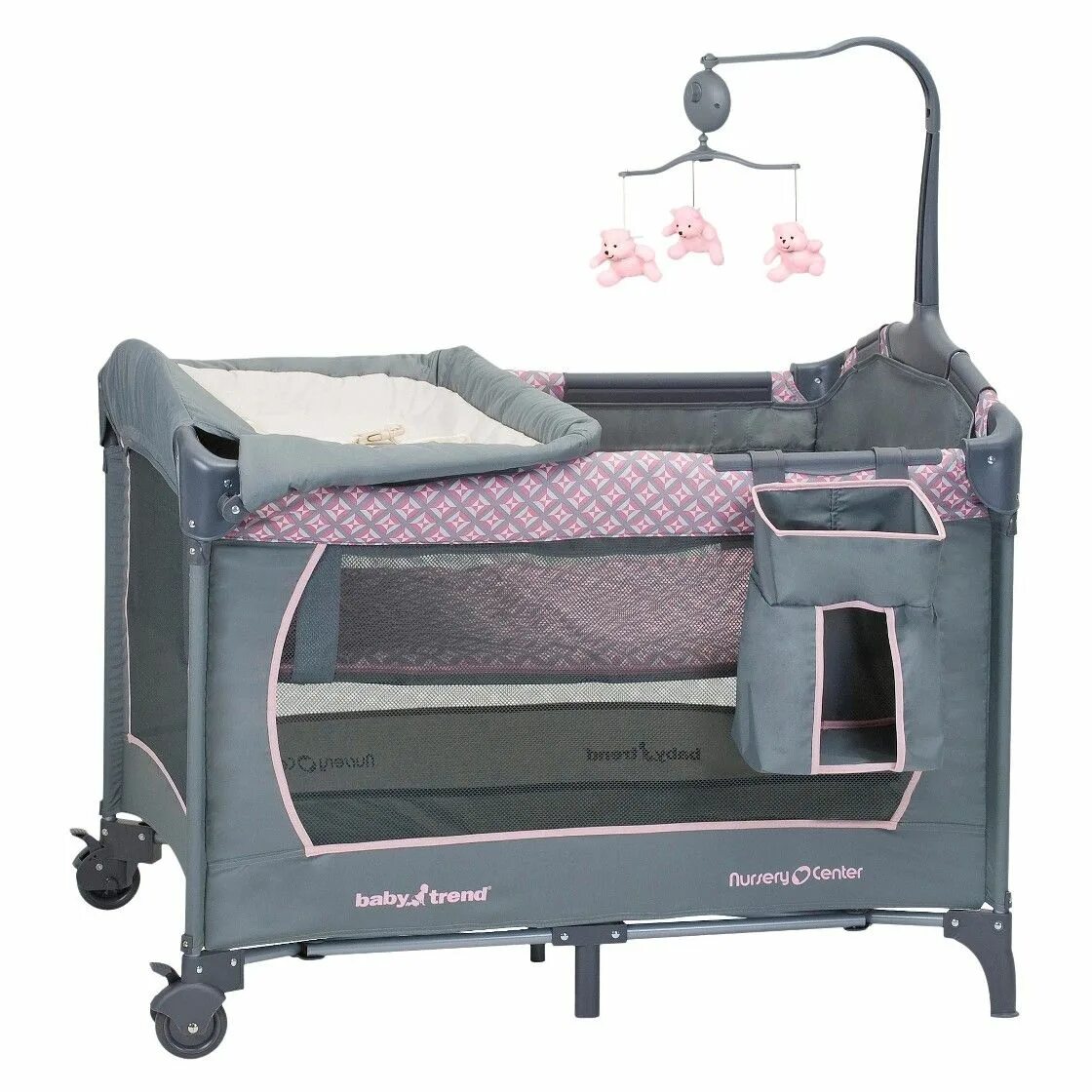 Как разложить кровать манеж. Nursery center baby trend манеж. кровать манеж беби тренд. манеж-кровать baby trend серый/зелёный py81400. nursery center кровать манеж.