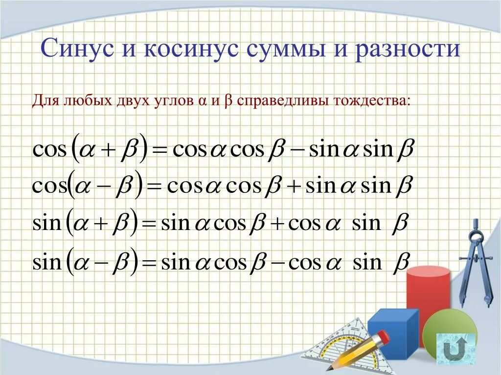 Формулы произведения углов. Формулы суммы и разности синусов и косинусов. Формула суммы углов синуса. Формулы синус суммы и косинус суммы. Формула синуса суммы и разности двух углов.