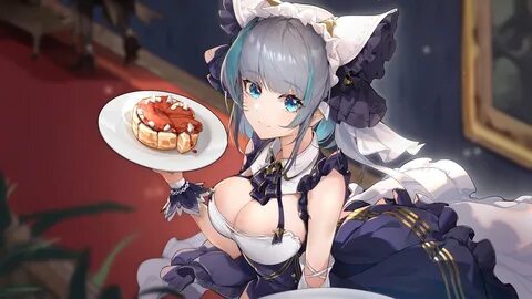 animal ears anthropomorphism aqua eyes azur lane breasts cake cat smile che...