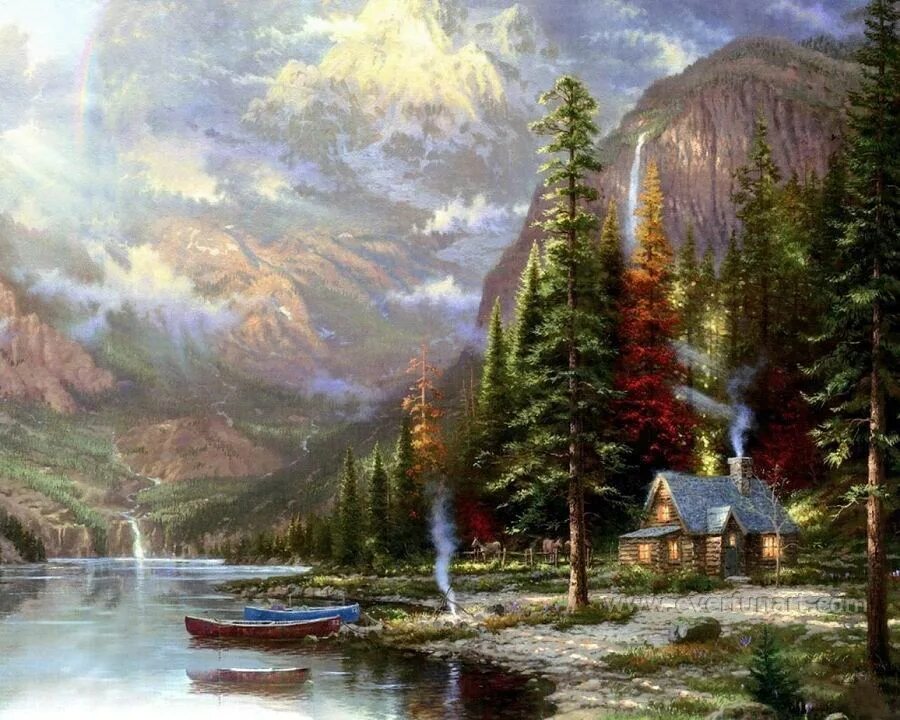 Красивые картины. Томас Кинкаде живопись горы. Горный пейзаж Thomas Kinkade художник. Американский художник Томас Кинкейд картины. Картины пейзажи Томас Кинкейд.