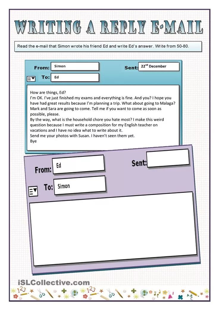 Writing a reply email. Write an email. email worksheets. writing an email. e-mail mail worksheets.