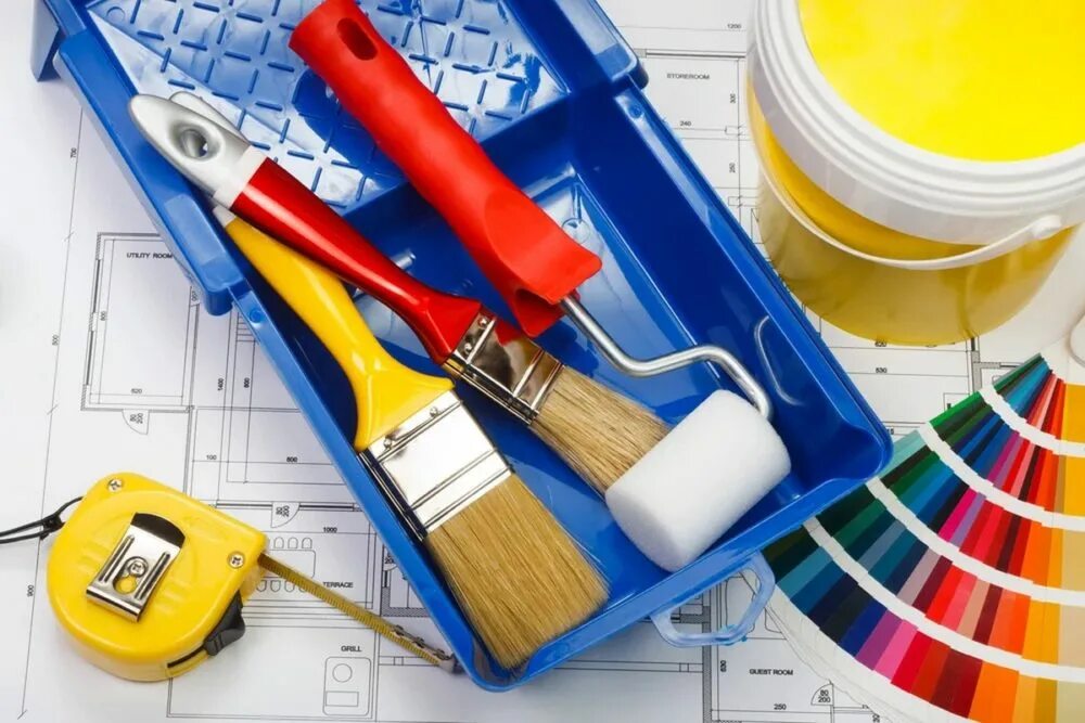 Ремонтная покраска. Строительные и отделочные материалы. Малярный инструмент. Краски строительные. Инструменты для ремонта квартиры.