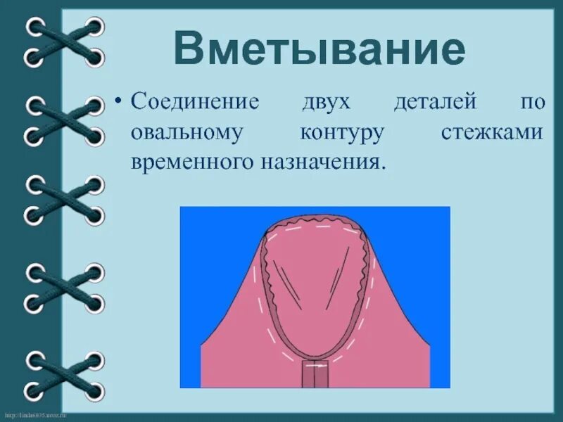 Временное ниточное соединение. Соединение двух деталей по овальному контуру. Соединение двух деталей стежками временного назначения. Вметывание деталей швейного изделия. Вметывание рукавов в проймы.