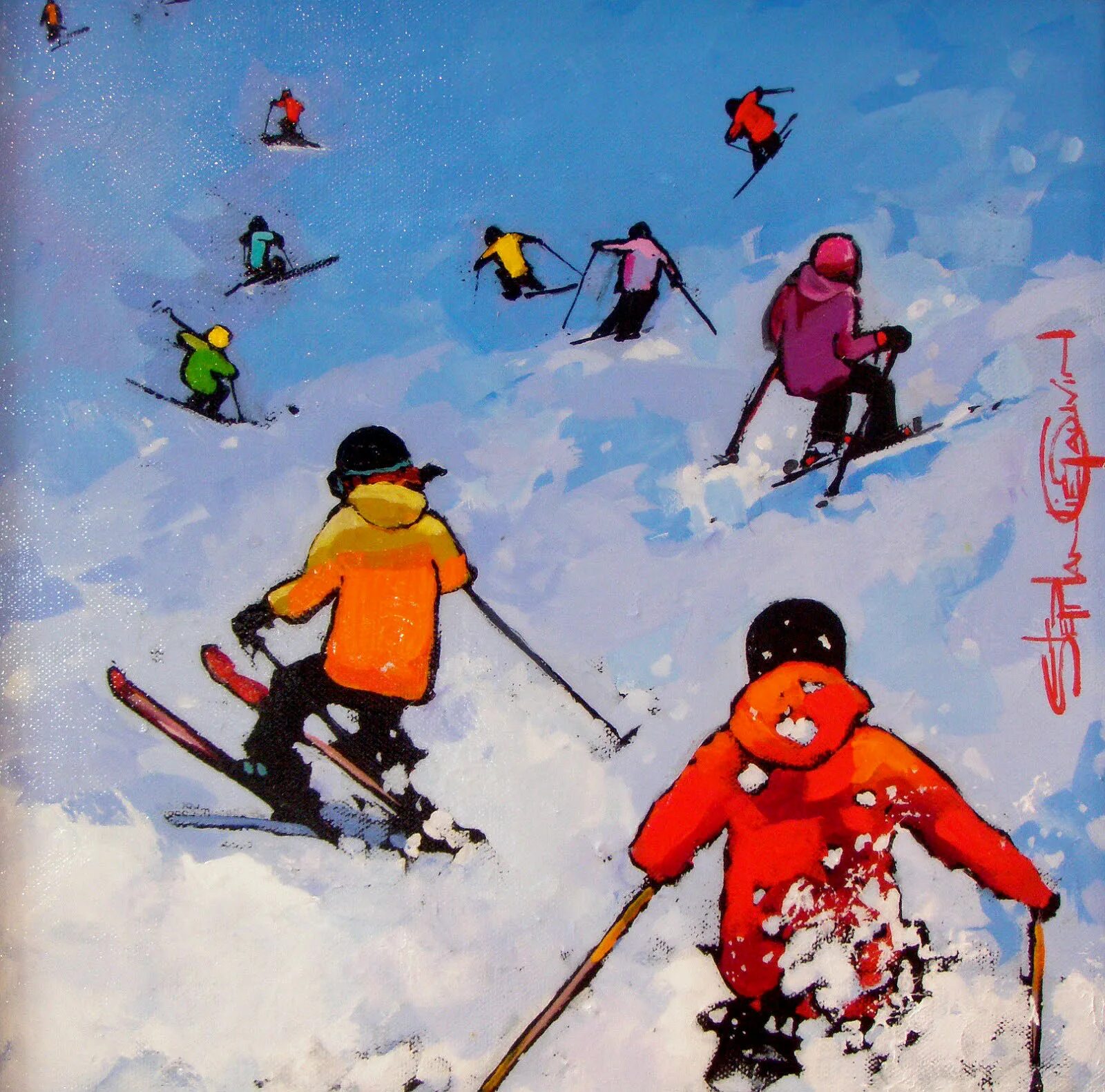 Картина лыжники. Горные лыжи живопись. Картина лыжи. Катание на лыжах в живописи.