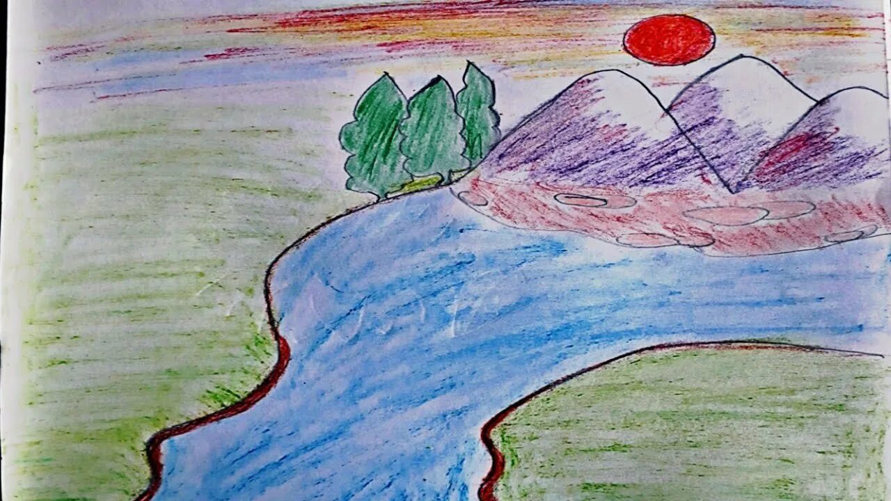 Рисунок волги 2 класс. Рисование реки. Река рисунок для детей. Детские рисунки реки. Рисунок Волги реки детский.