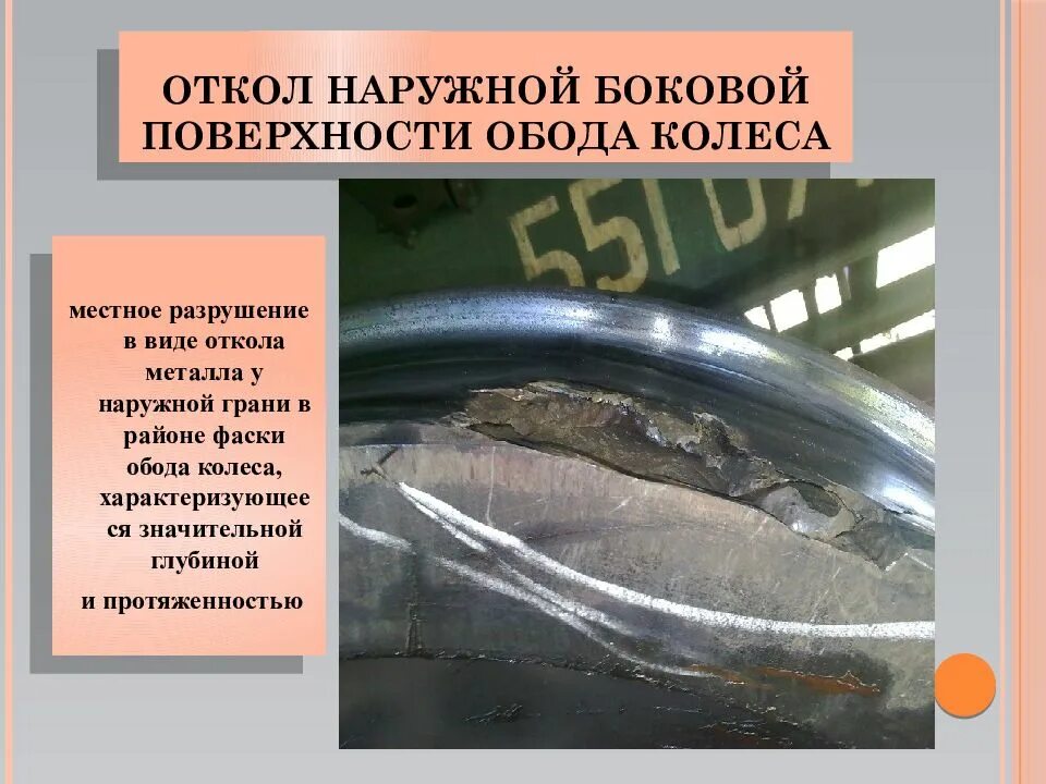 Поверхностный откол наружной грани обода колеса. Поверхностный откол наружной грани обода колесной пары. Поверхностный откол наружной грани обода колеса. Откол наружной грани обода колеса. Уширение обода колесной пары.