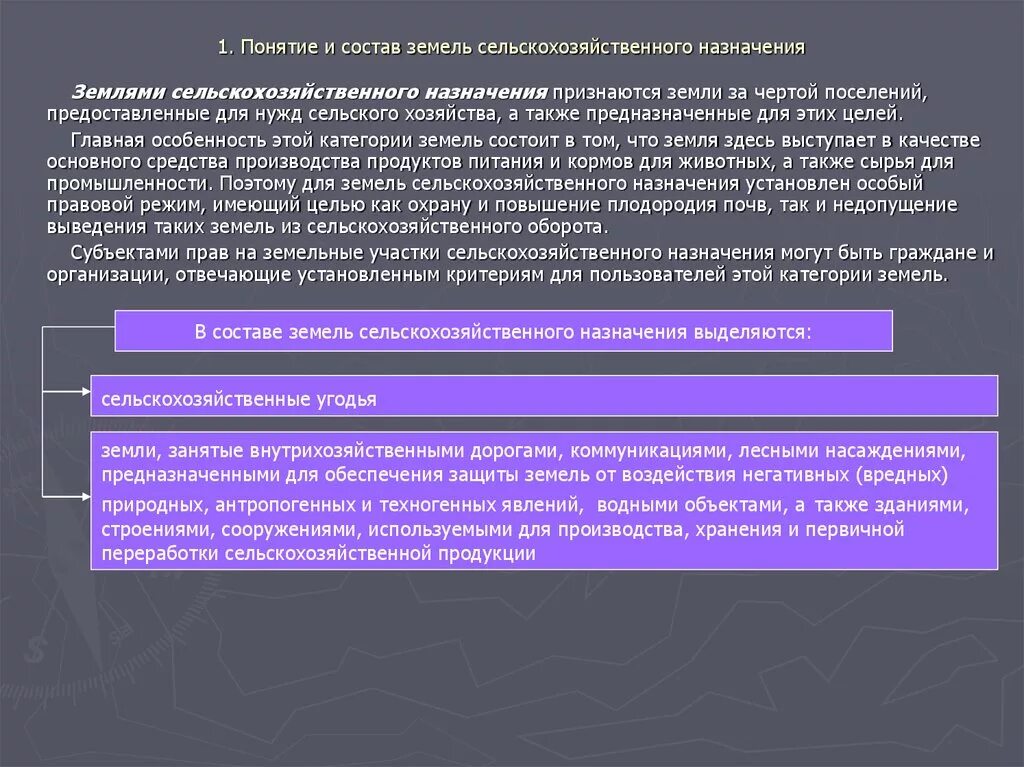 Понятие и состав земель сельскохозяйственного назначения. Проблемы оборота земель сельскохозяйственного назначения. Правовой режим земель сельхоз назначения. Особенности оборота земель сельскохозяйственного назначения.