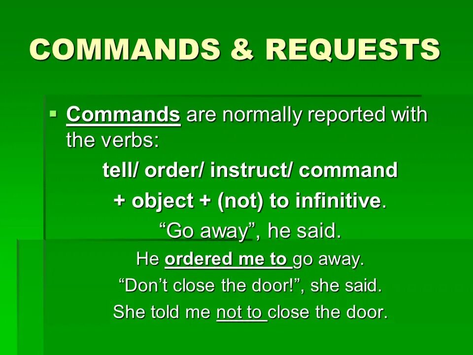 Reported Speech Commands правило. Reported Speech команды. Indirect Speech Commands. Indirect Commands в английском.