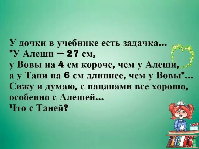 У тани было 6 книг. У Алёши 27 см у Вовы. Задача у Алёши 27 см у Вовы. Задача у Алеши 27 см у Вовы на 4 см короче. Задача про Таню.