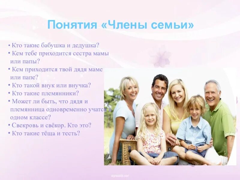 Family description. Понятие семьи и членов семьи.. Понимание в семье.