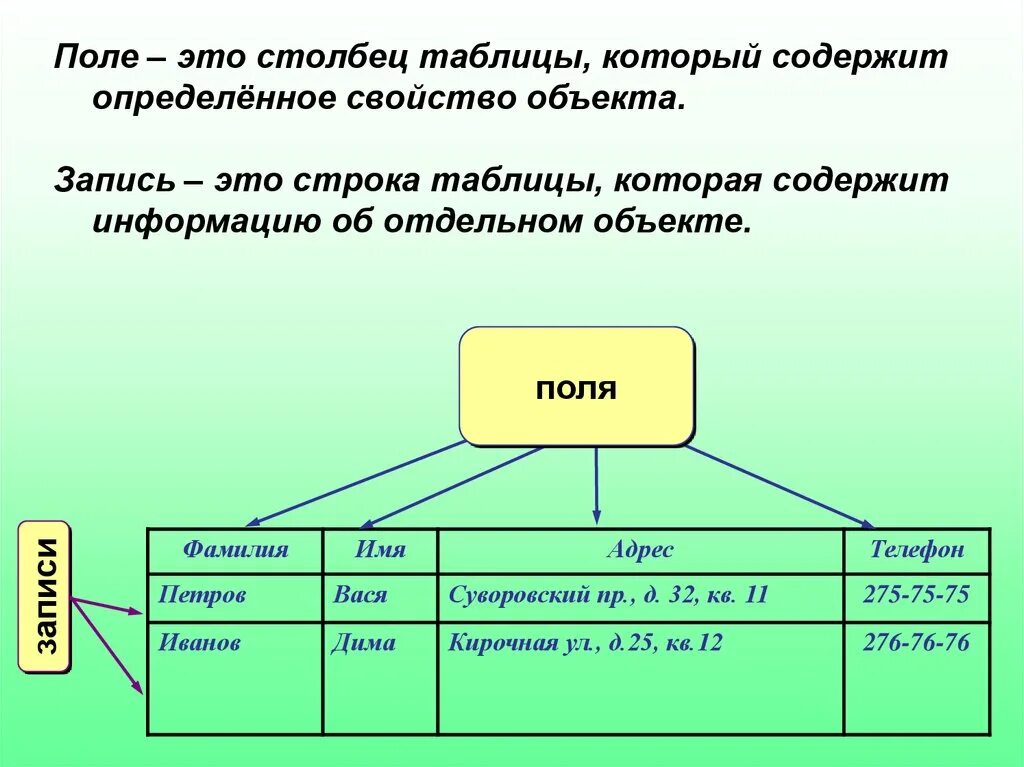 Где есть данные. Поля таблицы. Поле в таблице базы данных это. Поля таблицы БД В информатике. Запись строка таблицы которая содержит.