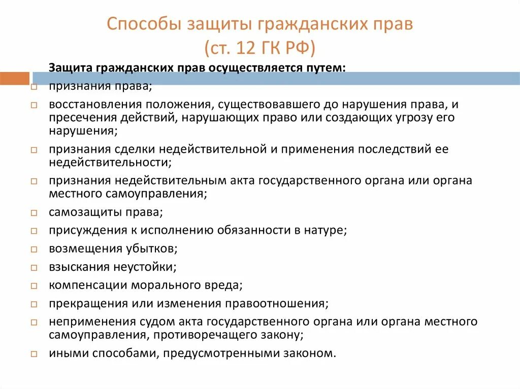 К способам защиты гражданских прав не относится. Способы защиты по гражданскому кодексу РФ. Перечень способов защиты гражданских прав. Найди в приведённом перечне способы защиты гражданских прав. Способы защиты прав в ГК РФ.