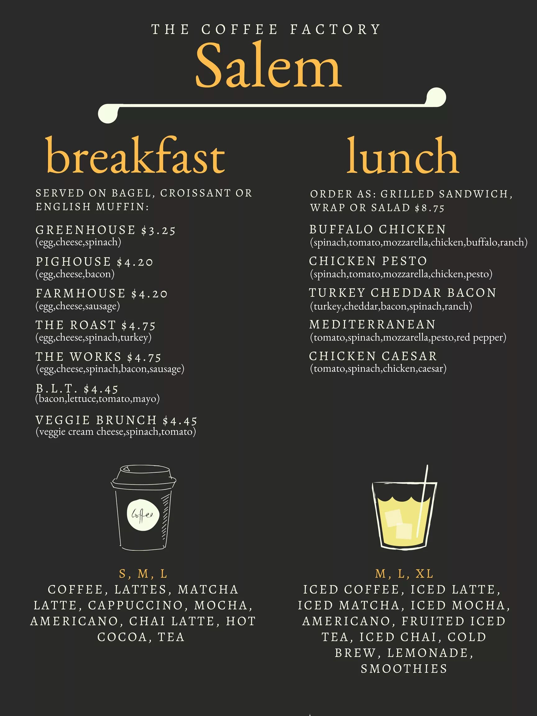 Factory menu. Кофе coffee factory. кофе фактори. salem breakfast. typeface is located in menu.