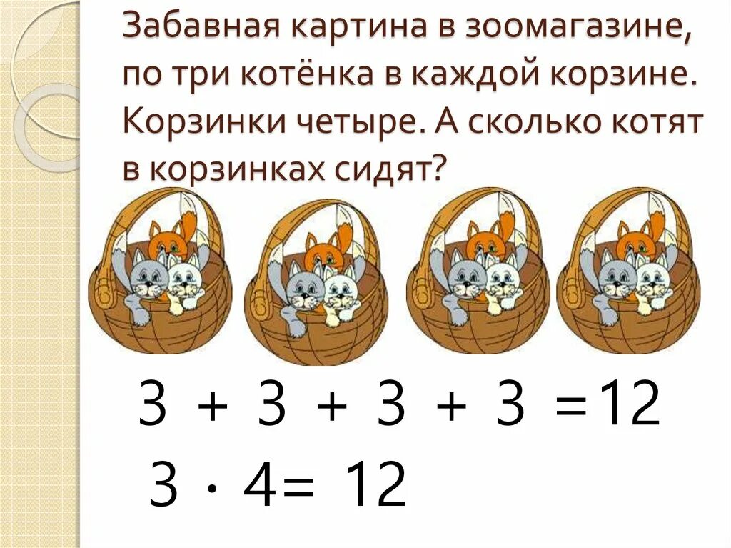 Сколько котят в корзине. Замени сложение умножением 2 класс. Замени сложение умножением 2 класс карточки. Сосчитайте сколько котят в корзинке. На сколько произведение 3 6