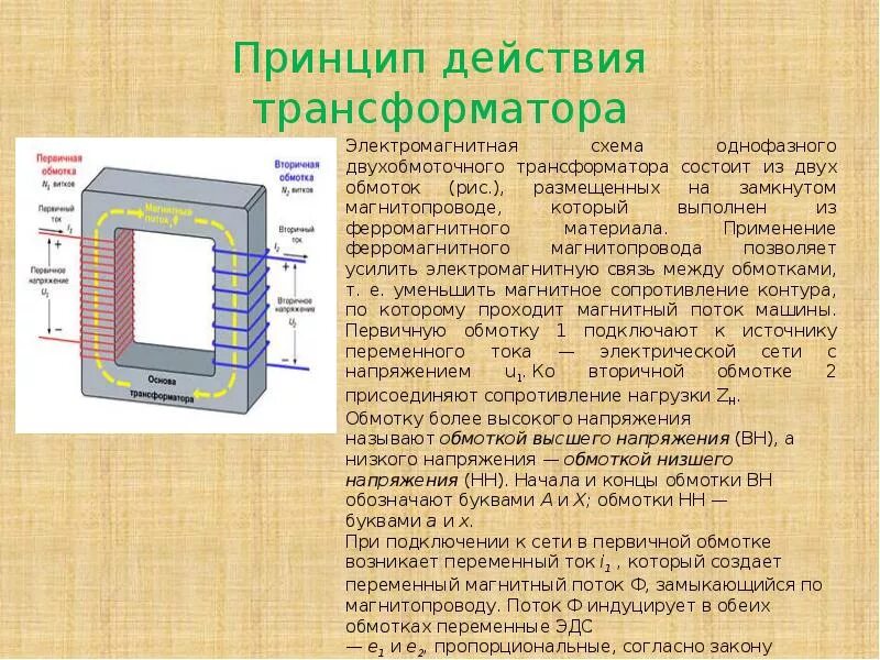 Объясните принцип действия трансформатора. Устройство и назначение однофазного двухобмоточного трансформатора. обмотка низкого напряжения трансформатора. схема однофазного двухобмоточного трансформатора. обмотка низшего напряжения силового трансформатора.