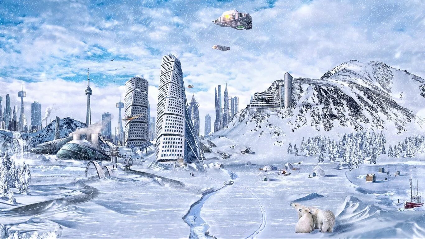 Тема зимний мир. Пейзаж будущего. Город будущего. Зимний город будущего. Антарктида в будущем.