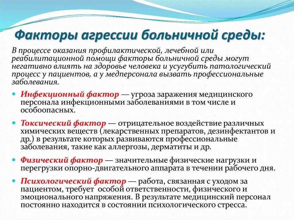 Среда почему пост. Факторы агрессивной больничной среды. Факторы агрессии больничной среды для пациента. Характеристика факторов агрессии больничной среды. Перечислите факторы агрессии больничной среды.