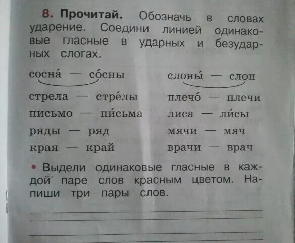 Напиши три пары слов. Одинаковые гласные в ударных и безударных. Одинаковые гласные в словах. Выдели одинаковые гласные в каждой паре. Прочитай обозначь в словах ударение.