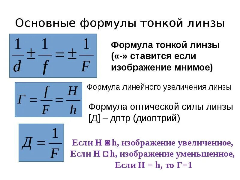 Какая формула тонкой линзы. 8 Кл физика формула тонкой линзы. Формула увеличения линзы физика 11 класс. Увеличение рассеивающей линзы формула. Формула тонкой линзы физика 11 класс.