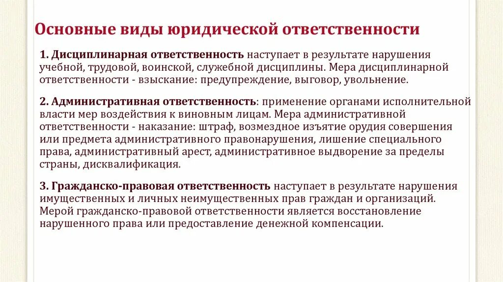 Ответственность предпринимателей рф. Виды юридической ответственности. Виды и меры юридической ответственности. Меры юридической ответственности в РФ. Предупреждение как мера юридической ответственности.