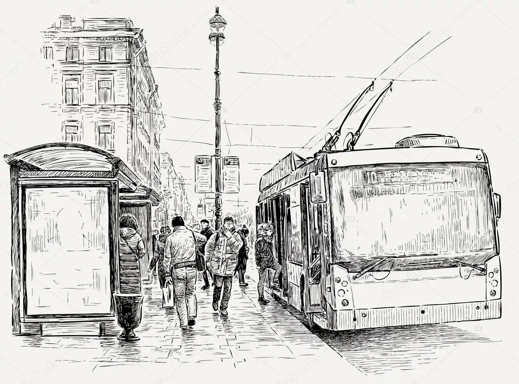 Люди в городе графика. Зарисовки транспорта. Трамвай эскиз. Трамвай для рисования. Эскиз автобусной остановки.