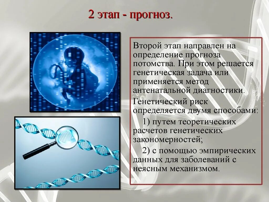 Генетическое прогнозирование. Второй этап медико-генетического консультирования. этапы медико-генетического консультирования. медико-генетическое консультирование 2 этап консультирования. этапы генетического прогнозирования.