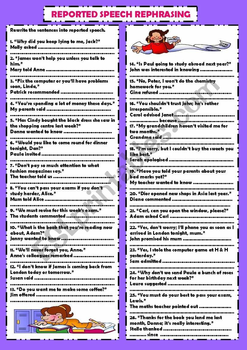 Rephrase the sentences. Reported Speech. Direct reported Speech rephrasing. Passive reported Speech. Direct and reported Speech rephrasing решение.