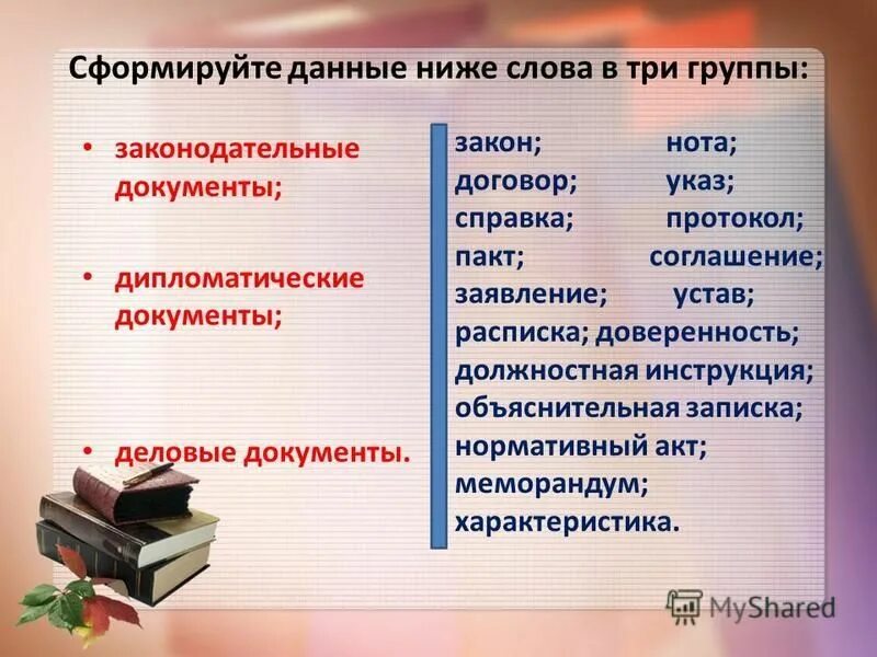 Деловые документы. Слова в деловых документах. Три группы документов.