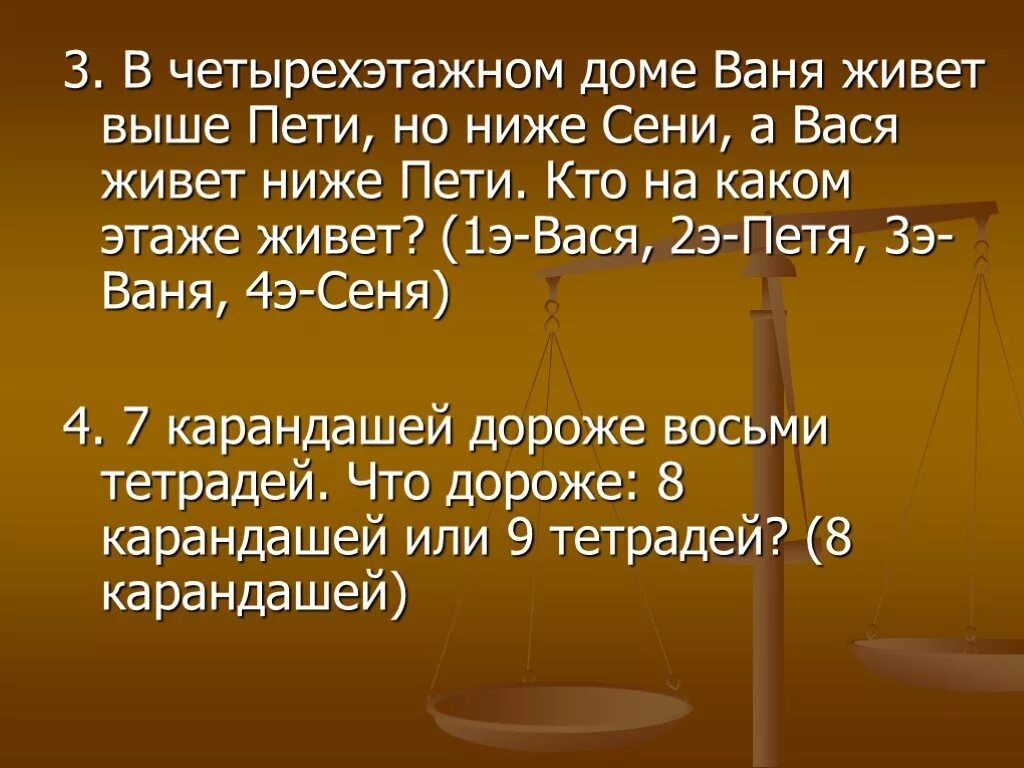 Ваня живет выше Пети но ниже сени. Вася выше Пети. Задача в четырехэтажном доме. Сколько живут вани