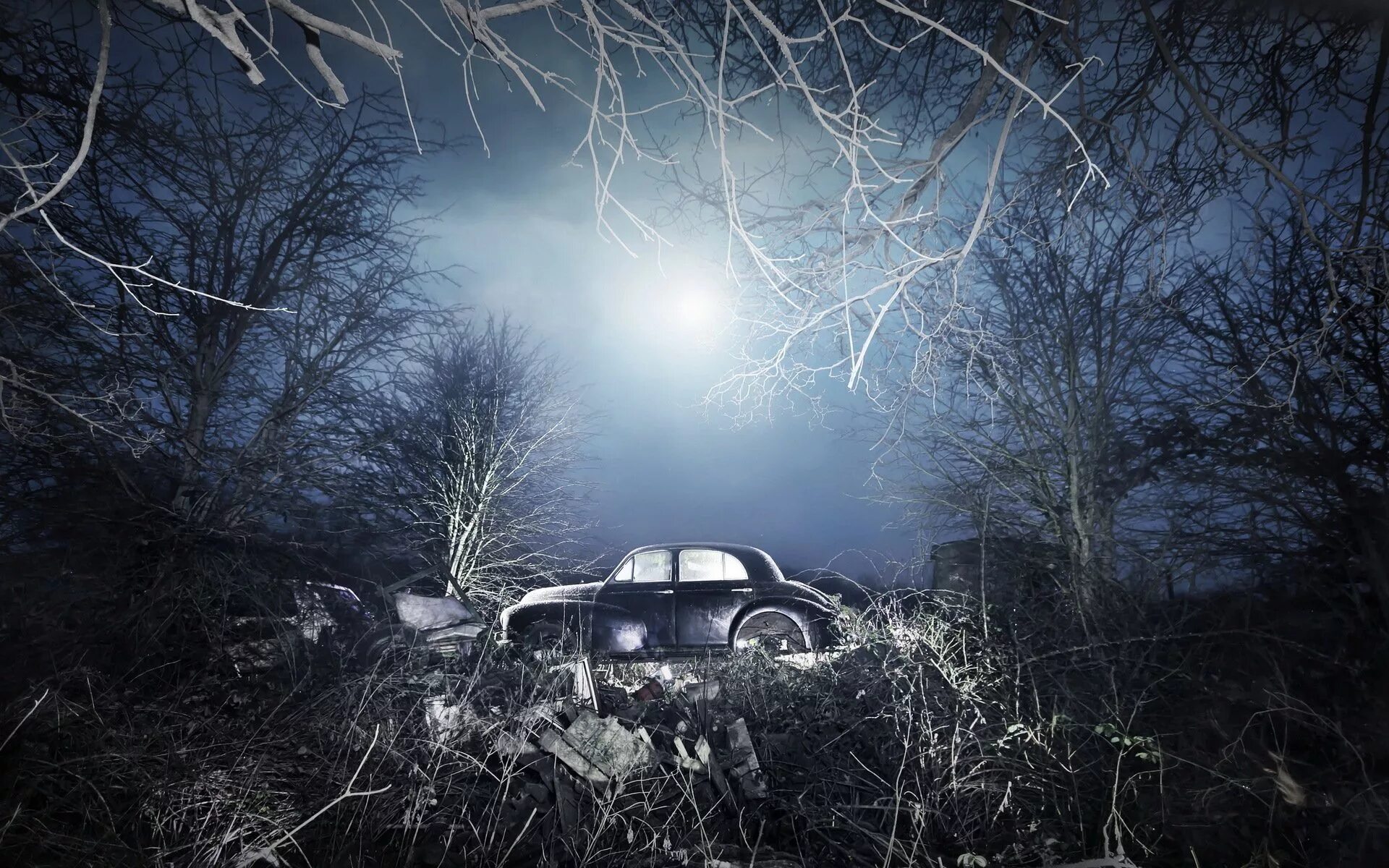 Хоррор на машине. Мрачная машина. Машина в ночном лесу. Машина в лесу в тумане. Машина в туманном лесу.