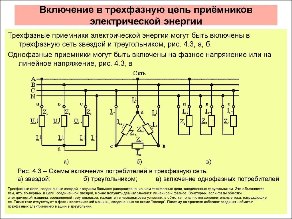 Какое напряжение должно подаваться. Трёхфазная цепь треугольник-звезда фазные напряжения. схема подключения 3 фазного электрического тока. схема звезда и треугольник фазное напряжение. электрическая схема при однофазном соединении приемников.